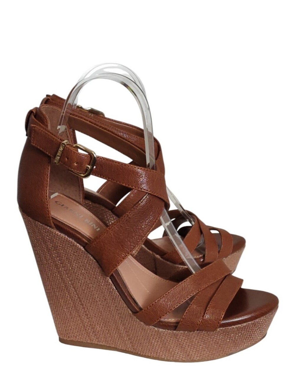 Gianni Bini Brown Leather Crisscross Strappy Platform Wedges 7.5